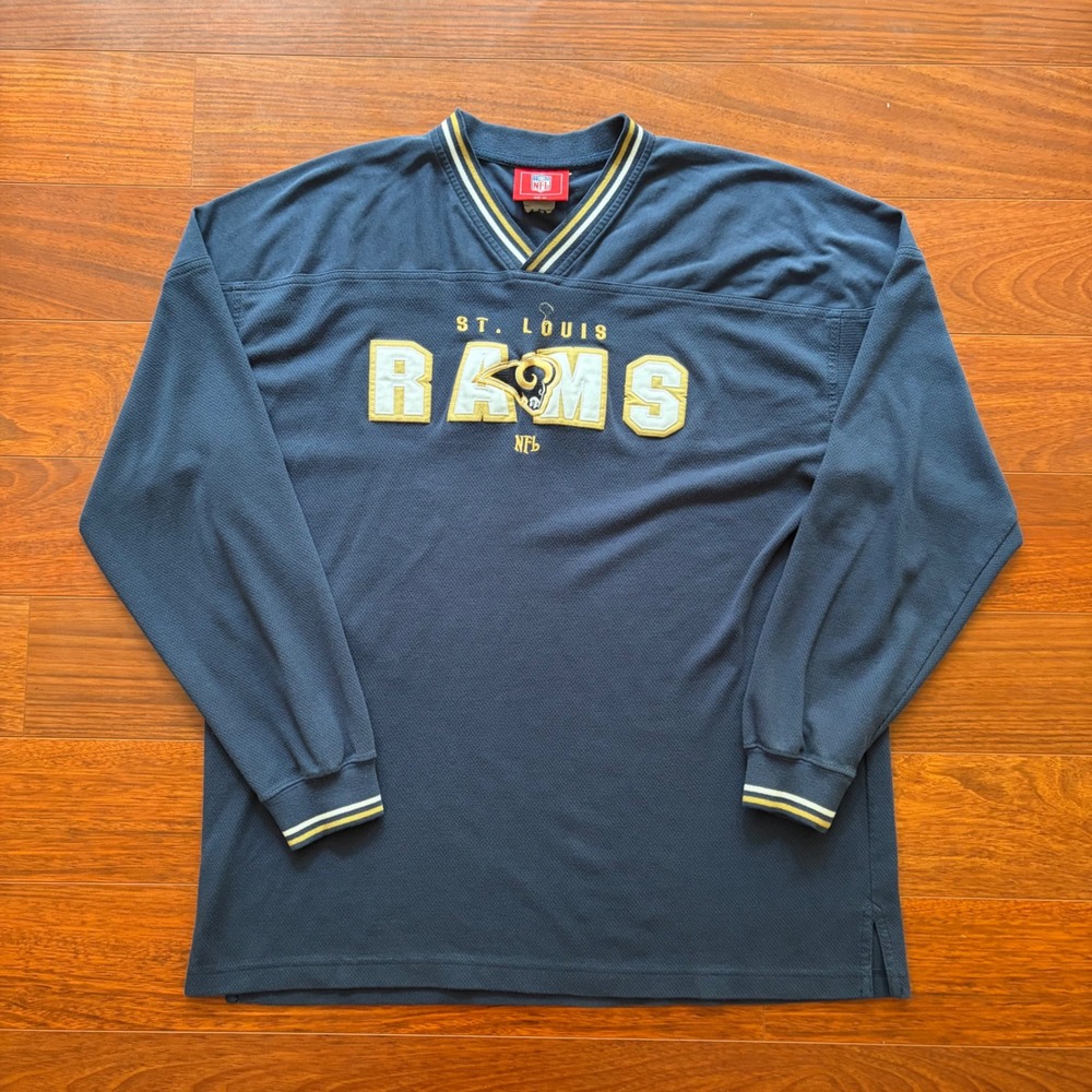 NFL St. Louis Rams Mens XL Blue Long Sleeve Jersey Shirt Vintage Baggy V-Neck